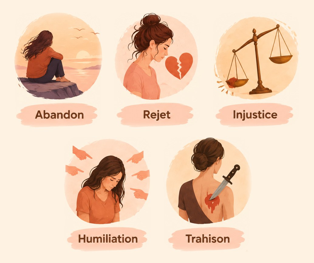 Les cinq blessures émotionnelles illustrées : abandon, rejet, injustice, humiliation et trahison.