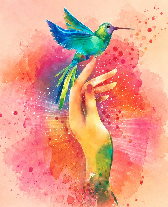 Un colibri se pose sur une main tendue, sur un fond d'aquarelle.