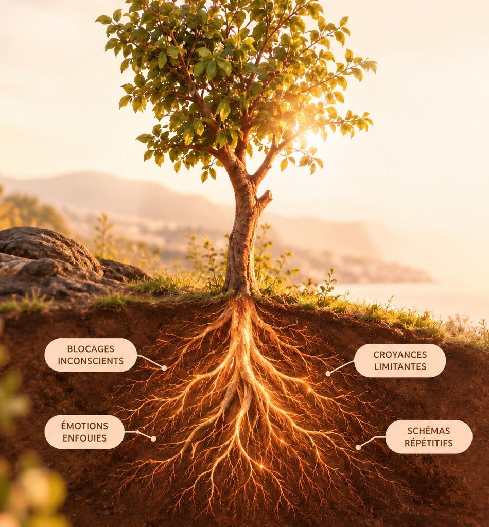Un arbre au soleil couchant et ses racines lumineuses.